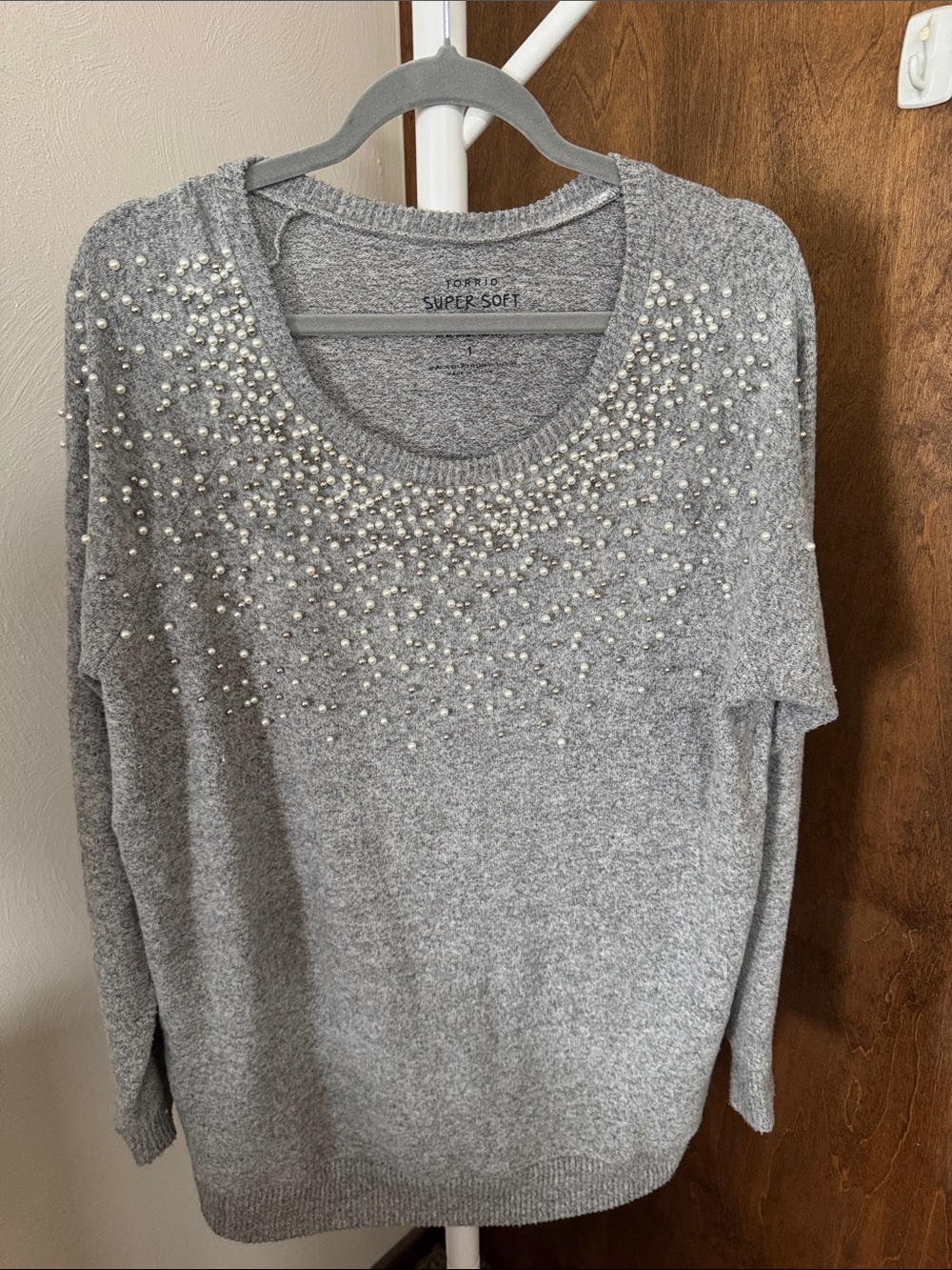 torrid Grey Pearl-Trim Plush Sweater